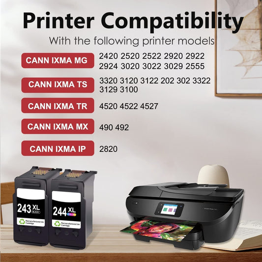 Canon PG-243XL and CL-244XL ink cartridge 2pack compatibility chart - works with Canon PIXMA MG2522, TS202, TR4520, MX492, iP2820 printers and more