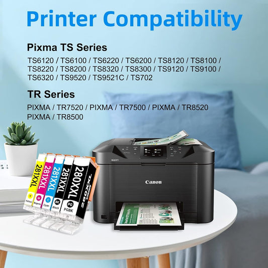 Canon PGI-280XXL CLI-281XXL ink cartridge set showing printer compatibility with Pixma TS Series TR Series more