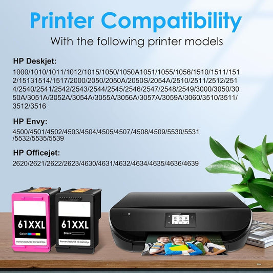 HP 61XL ink cartridge compatibility list - Works with HP Deskjet 1000 2540 3510, Envy 4500 5530 4502, Officejet 4630 2620 4635 printers