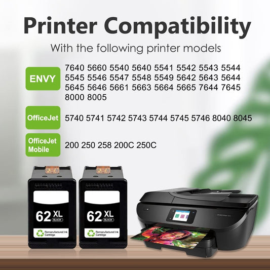 HP 62XL ink cartridge compatibility list - Works with HP Envy 5660 7640 5540, OfficeJet 5740 5745, and OfficeJet Mobile 200 250 printers