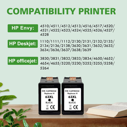 HP 63XL ink cartridge compatibility chart for HP Envy 4520 4510 4528, HP OfficeJet 5252 3830 5264, HP DeskJet 1112 2130 3630 printers