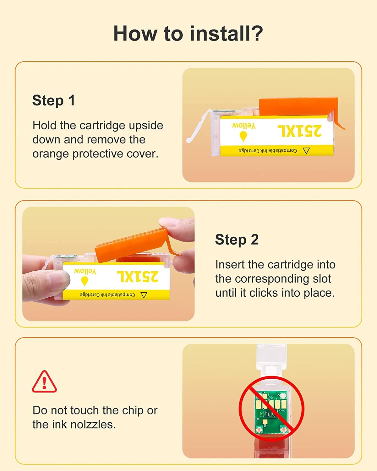 Easy installation guide for Canon PGI-250XXL and CLI-251XXL ink cartridges: remove orange protective cover, insert into correct slot until it clicks, avoid touching chip or nozzles