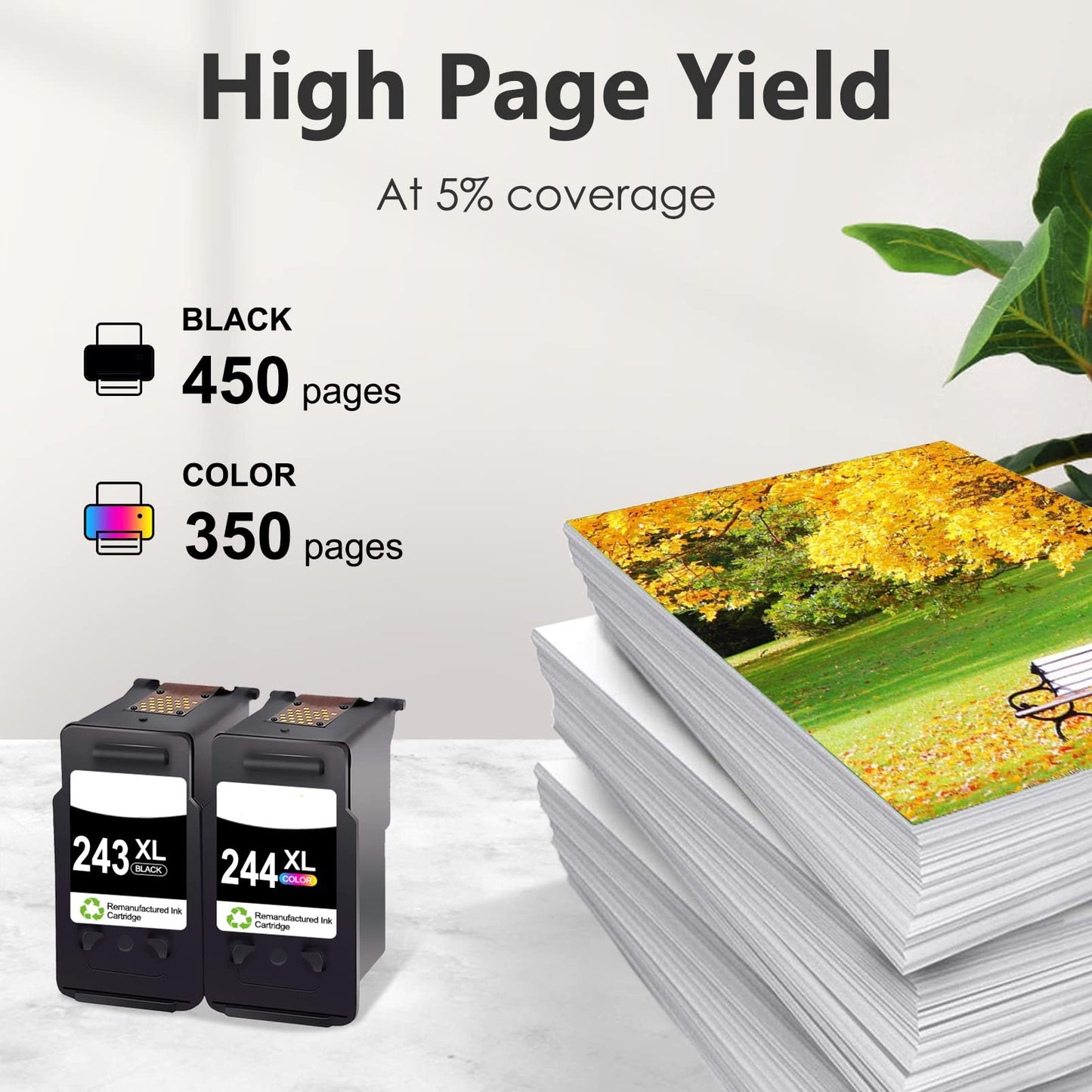 Canon PG-243XL black yields 450 pages and CL-244XL color yields 350 pages at 5% coverage - high page yield replacement ink cartridges