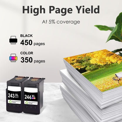 Canon PG-243XL black yields 450 pages and CL-244XL color yields 350 pages at 5% coverage - high page yield replacement ink cartridges