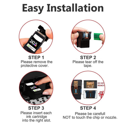 Step-by-step installation guide for Canon PG-243XL and CL-244XL ink cartridges: remove protective cover, tear off tape, insert into correct slot, avoid touching chip or nozzle