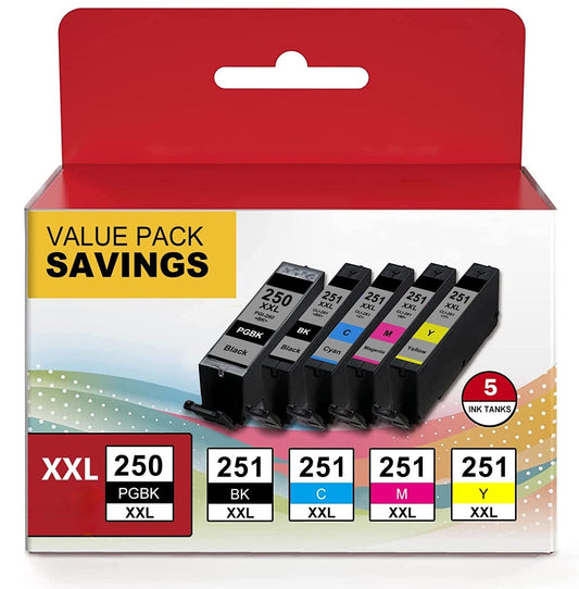 Canon PGI-250XXL PGBK Black and CLI-251XXL CMYK 5-Pack Value Set - Replacement ink cartridges for Canon Pixma MG series, TS Canon PGI-250XXL PGBK Black and CLI-251XXL CMYK 5-Pack Value Set - Replacement ink cartridges for Canon Pixma MG, TS, iP series printers