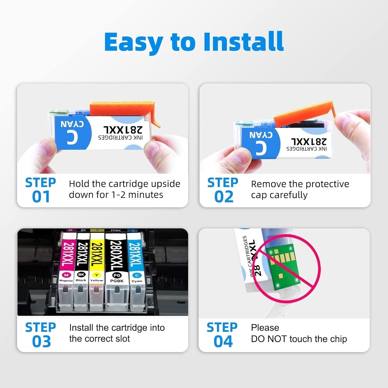 Easy installation guide for Canon PGI-280XXL CLI-281XXL ink cartridges with step-by-step instructions