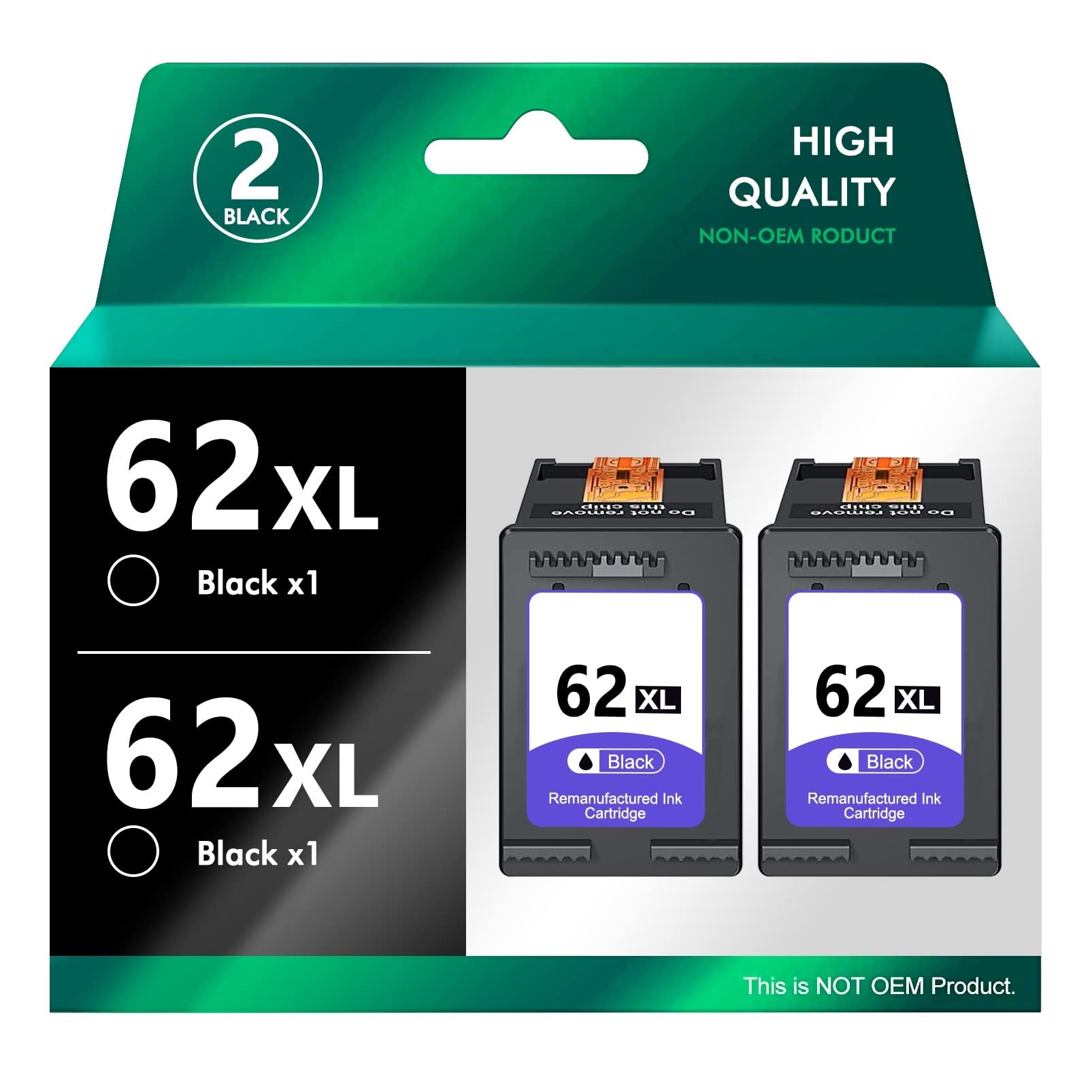 Replacement HP 62XL 2-Pack Black Remanufactured Ink Cartridges - High Quality Compatible with HP Envy and OfficeJet Printers