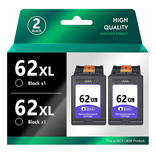 Replacement HP 62XL 2-Pack Black Remanufactured Ink Cartridges - High Quality Compatible with HP Envy and OfficeJet Printers
