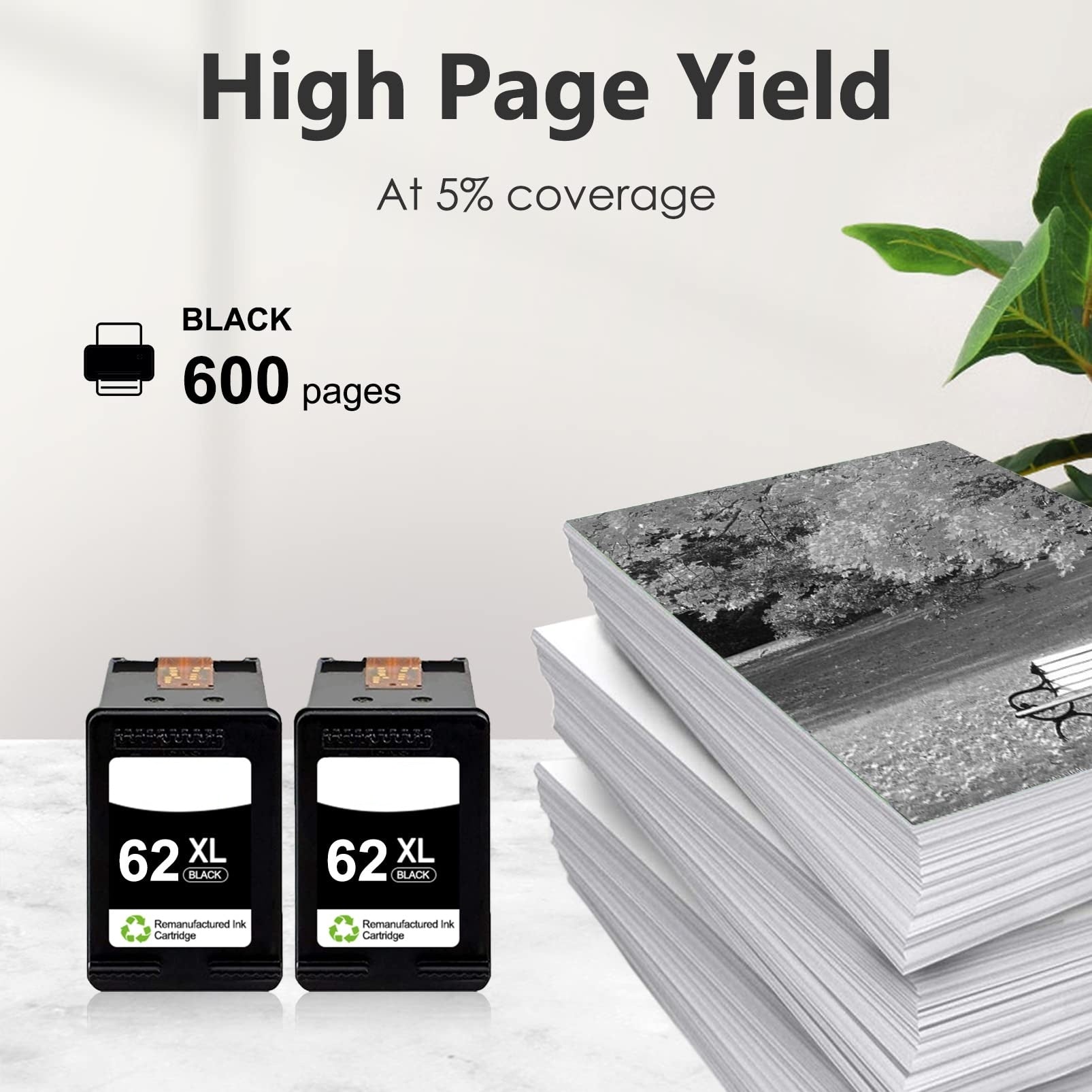 HP 62XL Black Remanufactured Ink Cartridge High Page Yield - 600 pages per cartridge at 5% page coverage