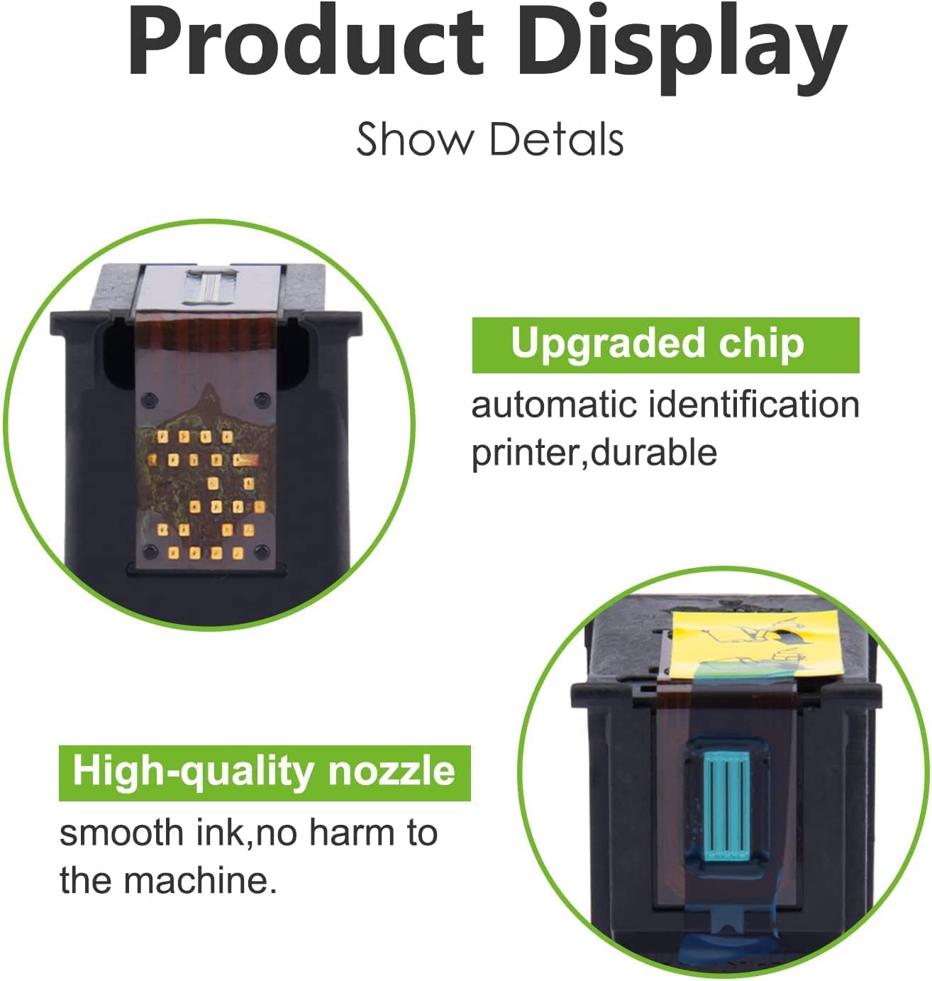 HP 62XL remanufactured ink cartridge features: upgraded chip for automatic printer identification and high-quality nozzle for smooth ink flow, protecting your printer