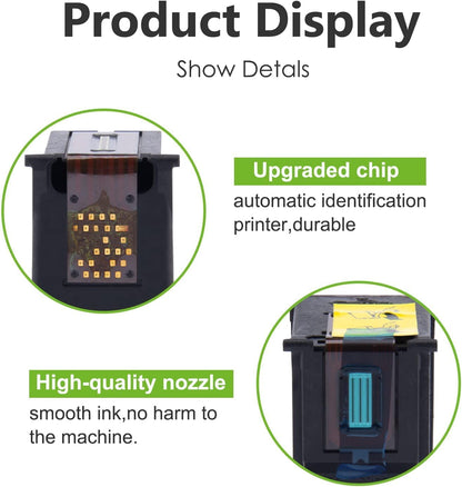 HP 62XL remanufactured ink cartridge features: upgraded chip for automatic printer identification and high-quality nozzle for smooth ink flow, protecting your printer