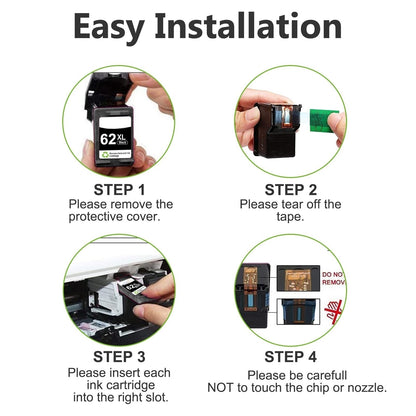 Step-by-step installation guide for HP 62XL remanufactured ink cartridges: remove protective cover, tear off tape, insert into slot, avoid touching chip or nozzle