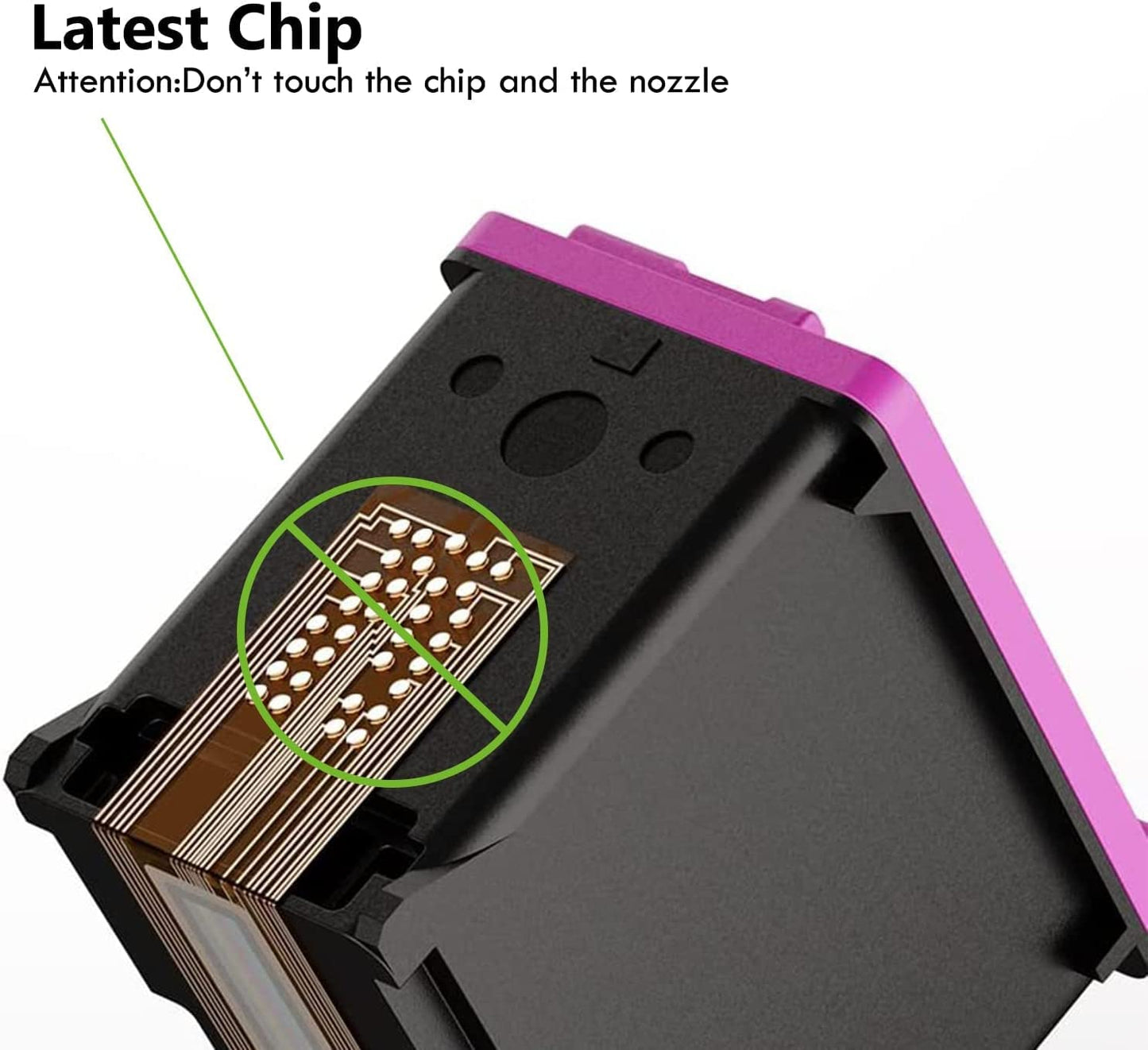 HP 62XL remanufactured ink cartridge features latest chip technology for reliable printer recognition. Important: Avoid touching the chip and nozzle during installation.