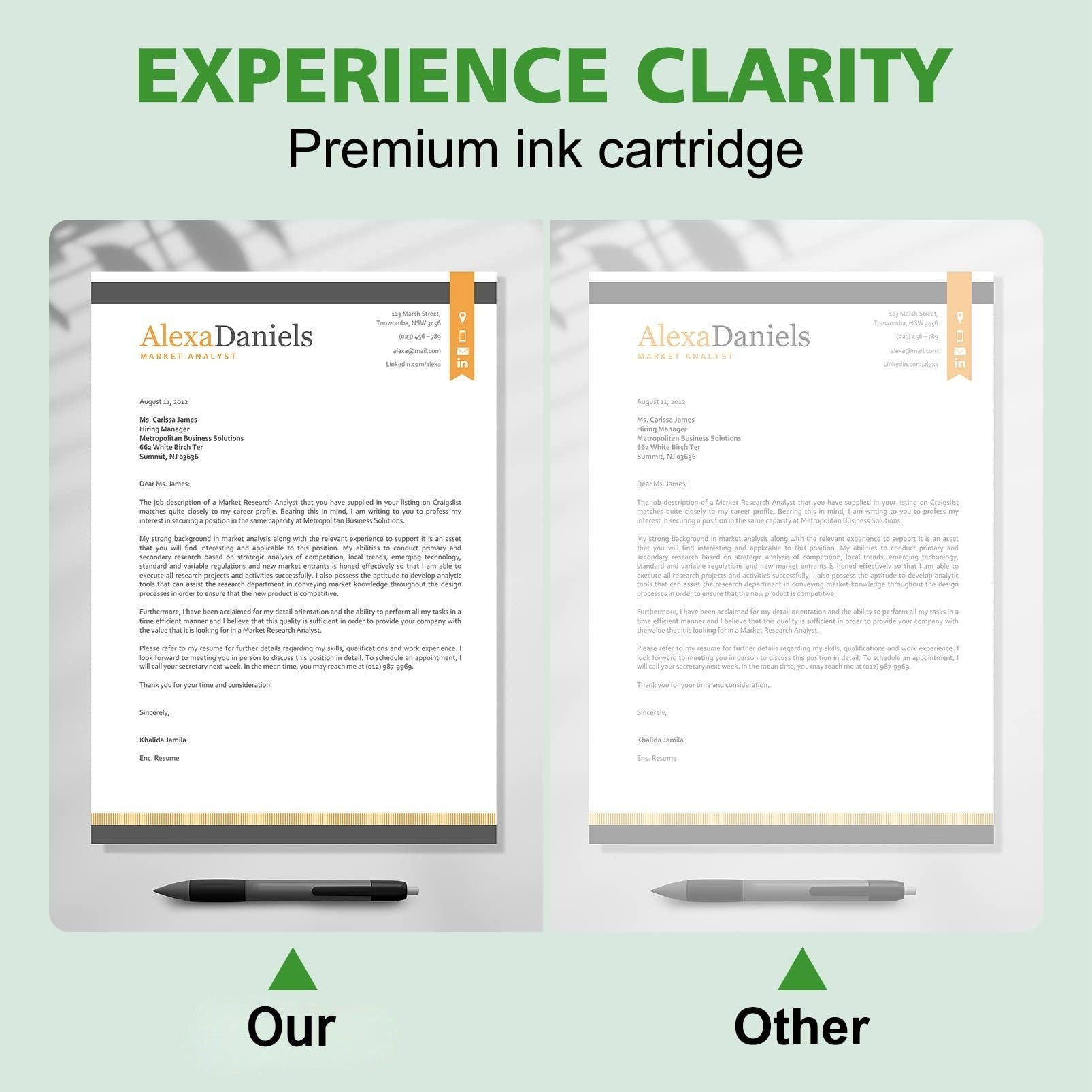 Market analyst testimonial letter for HP 63XL premium ink cartridge, highlighting print clarity and professional quality