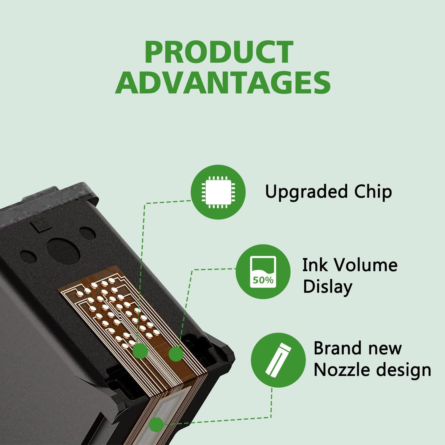 HP 63XL ink cartridge product features: upgraded chip, 50% more disk volume, brand new, and improved nozzle design