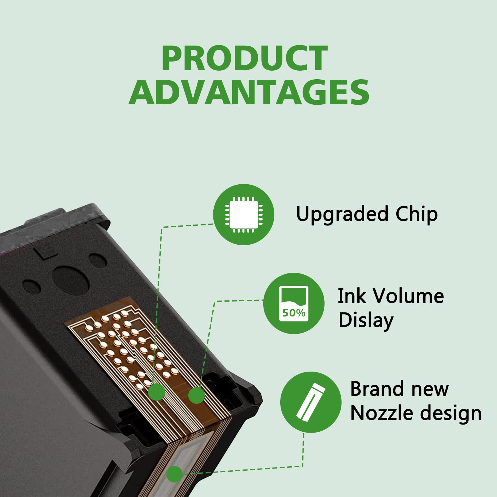 HP 63XL ink cartridge product features: upgraded chip, 50% more disk volume, brand new, and improved nozzle design