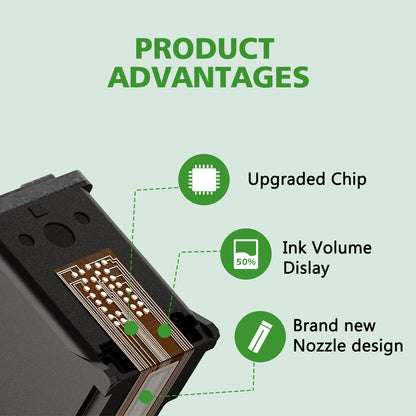 HP 63XL ink cartridge product features: upgraded chip, 50% more disk volume, brand new, and improved nozzle design